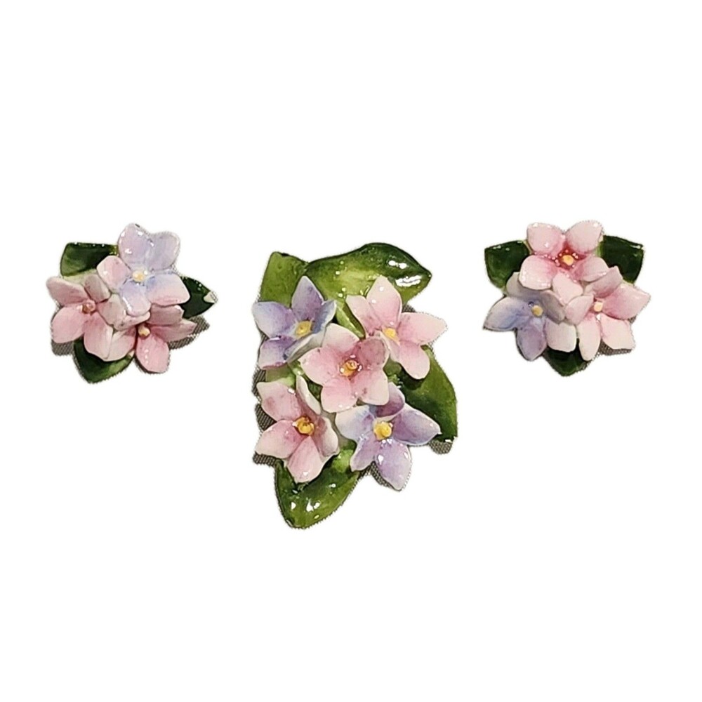 Royal Adderley Floral Brooch Pin & Earring Set English Bone China Made England